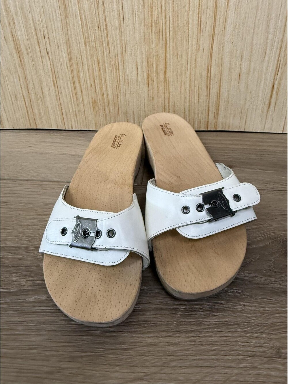 Dr. Scholl's Original Sandals Womens Size 6 White Leather Slide Wood Sole Buckle